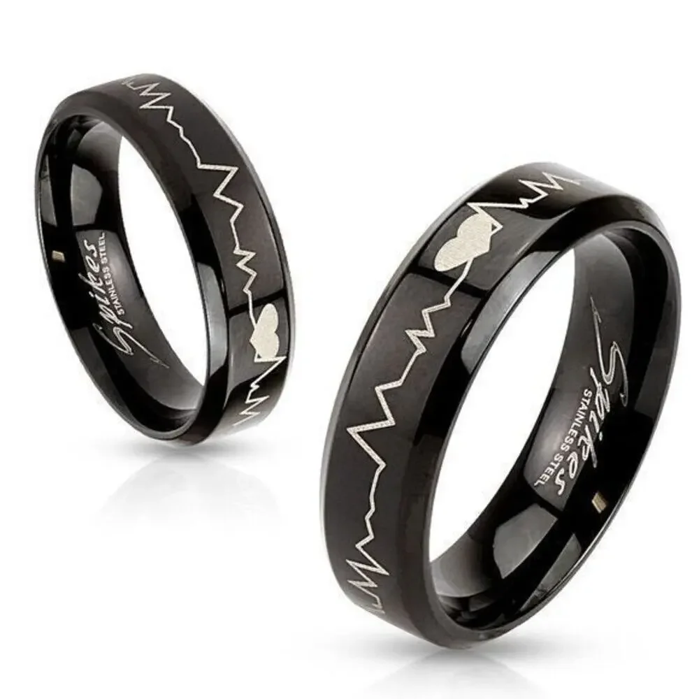Heartbeat Laser Etched Stainless Steel Black IP Band Ring Size‎ 11